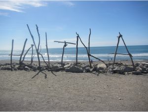 Driftwood Art at Hokitika Beach