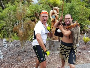 Rocky with Maori tribesman at Te Waonui Forest Retreat