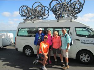 Starting out in front of our Backroads' van with our bikes