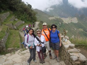 Yessica, Julie, Rocky and Nancy at the sun Gate with Machu Picchu below